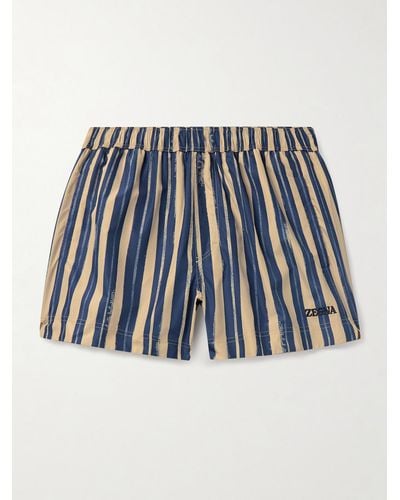 Zegna Straight-leg Mid-length Logo-embroidered Striped Swim Shorts - Blue