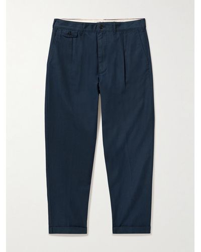 Alex Mill Tapered Cropped Pleated Cotton And Linen-blend Trousers - Blue