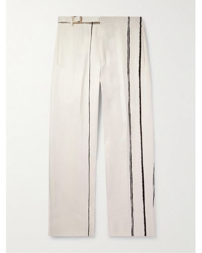Zegna Wide-leg Belted Striped Oasi Lino Trousers - Natural
