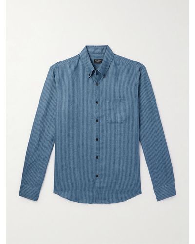 Club Monaco Slim-fit Button-down Collar Striped Linen Shirt - Blue