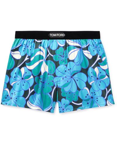 Tom Ford Floral-print Velvet-trimmed Stretch-silk Satin Boxer Shorts - Blue