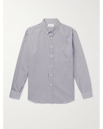 Saint Laurent Monogram Button-Down Collar Striped Cotton-Poplin Shirt - Grigio