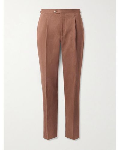 Thom Sweeney Tapered Pleated Linen Suit Pants - Brown