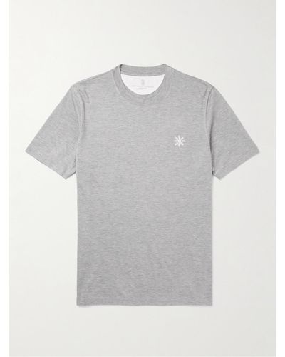 Brunello Cucinelli T-shirt in jersey di misto cotone e seta con logo - Grigio