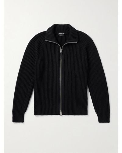 Tom Ford Slim-fit Ribbed Wool And Cashmere-blend Zip-up Cardigan - Black