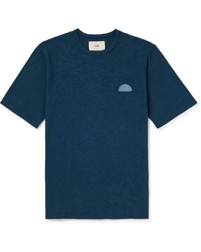 Folk Embroidered Slub Cotton-jersey T-shirt - Blue