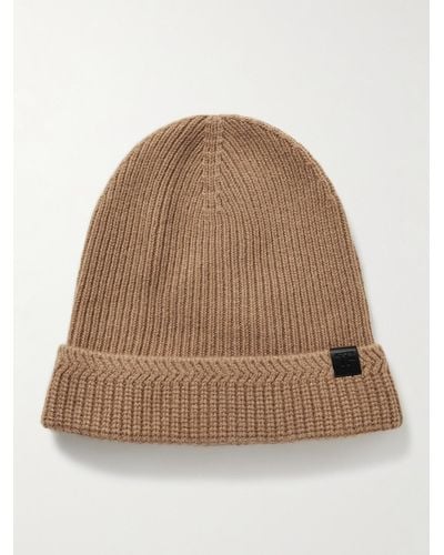 Tom Ford Leather-trimmed Ribbed Wool And Cashmere-blend Beanie - Natural