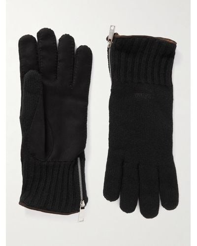 ZEGNA Logo-embroidered Leather-trimmed Cashmere Gloves - Black