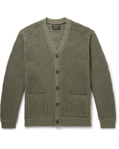 Beams Plus Argyle Open-knit Cotton And Linen-blend Cardigan - Green