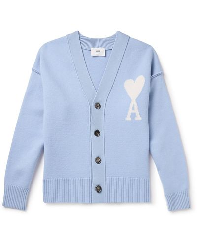 Ami Paris Logo-intarsia Virgin Wool Cardigan - Blue