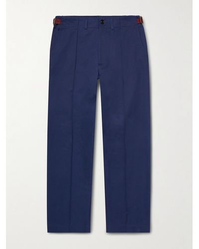 Nicholas Daley Straight-leg Pleated Jacquard-trimmed Cotton-twill Pants - Blue