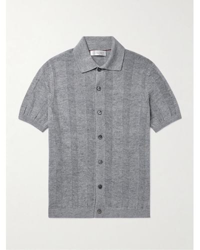 Brunello Cucinelli Gestreiftes Hemd aus einer Leinen-Baumwollmischung - Grau