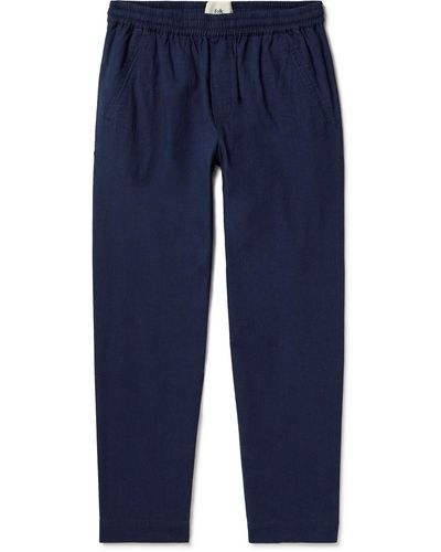Folk Assembly Cropped Tapered Washed Cotton-piqué Pants - Blue