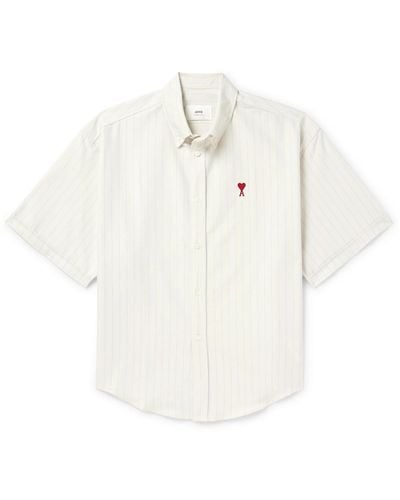 Ami Paris Button-down Collar Logo-embroidered Striped Cotton Shirt - White