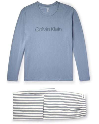Calvin Klein Logo-embroidered Striped Cotton-blend Pajama Set - Blue