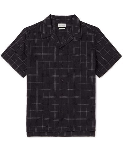 Oliver Spencer Camp-collar Checked Cotton And Linen-blend Shirt - Black