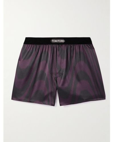 Tom Ford Velvet-trimmed Printed Stretch-silk Satin Boxer Shorts - Purple