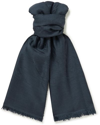 Berluti Fringed Wool And Mulberry Silk-blend Jacquard Scarf - Blue