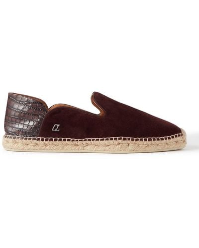 Christian Louboutin Espadron Croc-effect Leather-trimmed Collapsible-heel Suede Espadrilles - Brown