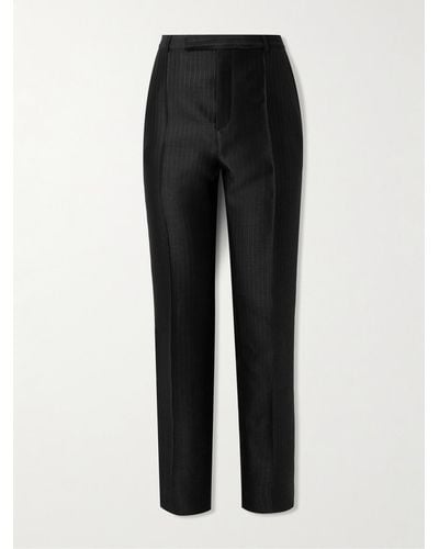 Saint Laurent Pantaloni gessati a gamba dritta in misto lana e seta con pinces - Nero