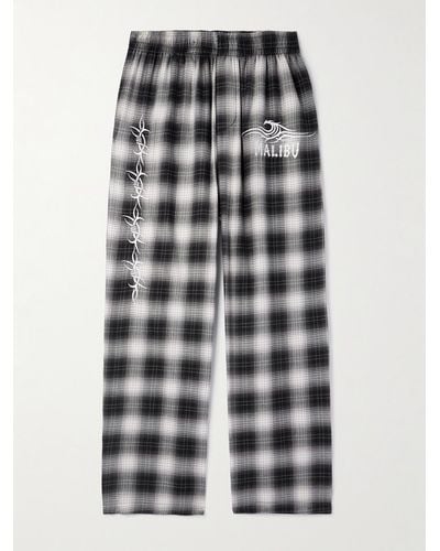 Local Authority Razor Wave Straight-leg Embroidered Checked Cotton-flannel Trousers - Black