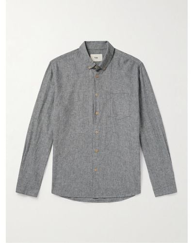 Folk Button-down Collar Pinstriped Cotton And Linen-blend Shirt - Grey