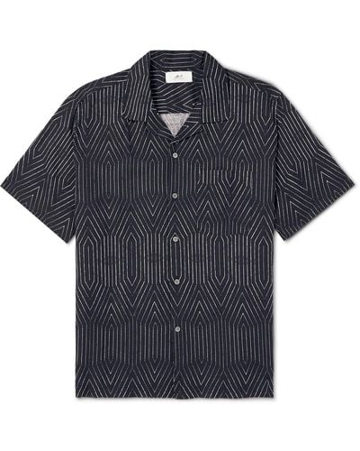 MR P. Camp-collar Printed Linen And Cotton-blend Shirt - Blue