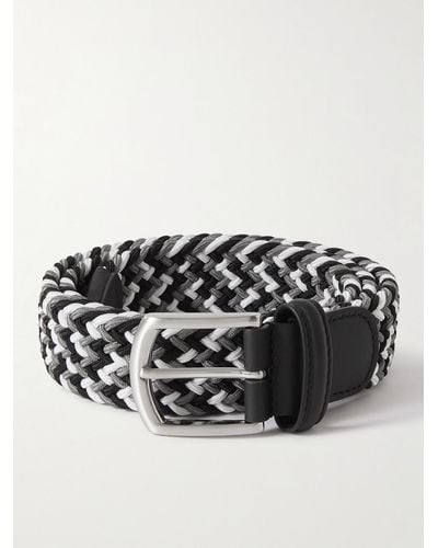 Anderson's 3.5cm Leather-trimmed Woven Elastic Belt - Black