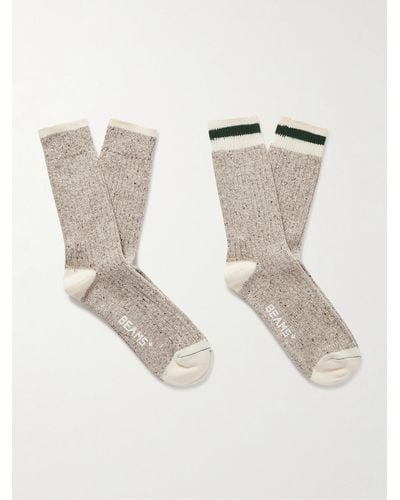 Beams Plus Rag Set aus zwei Paar Socken aus einer Baumwollmischung in Rippstrick mit Streifen - Natur