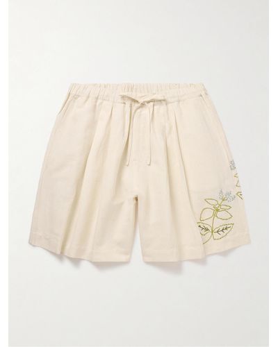 STORY mfg. Shorts a gamba larga in misto cotone e lino con ricamo e coulisse Bridge - Neutro