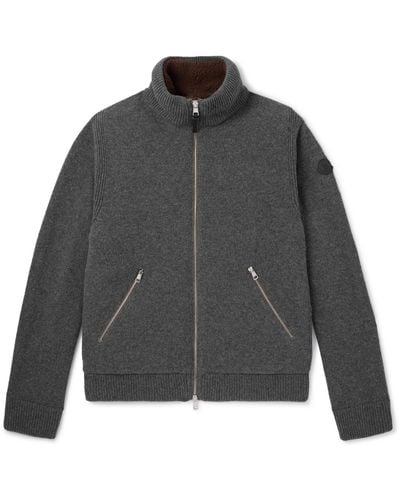 Moncler Slim-fit Logo-appliquéd Shearling-trimmed Wool Down Zip-up Cardigan - Gray