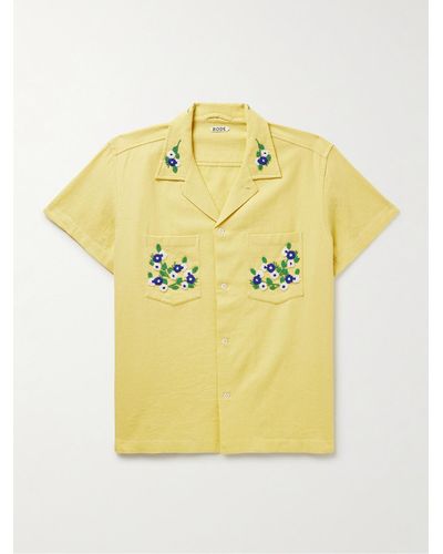 Bode Chicory Camp-collar Bead-embellished Waffle-knit Cotton Shirt - Yellow