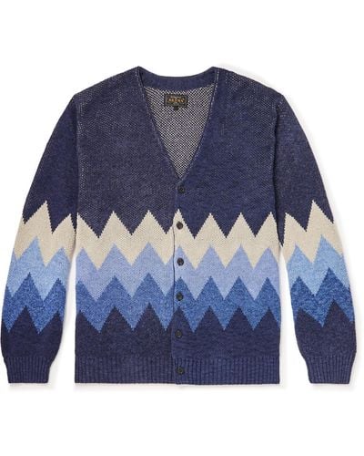Beams Plus Jacquard-knit Linen And Cotton-blend Cardigan - Blue