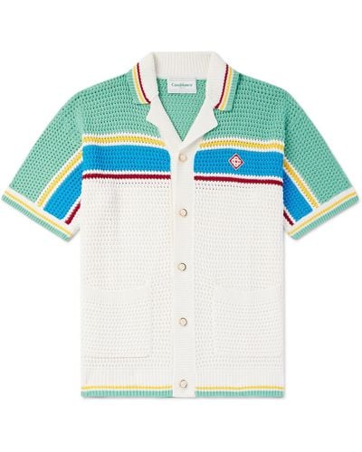 Casablanca Camp-collar Logo-appliquéd Striped Open-knit Stretch-cotton Shirt - Blue