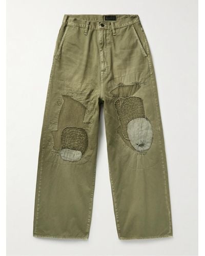 Kapital Katsuragi Port Wide-leg Patchwork Distressed Cotton-twill Trousers - Green