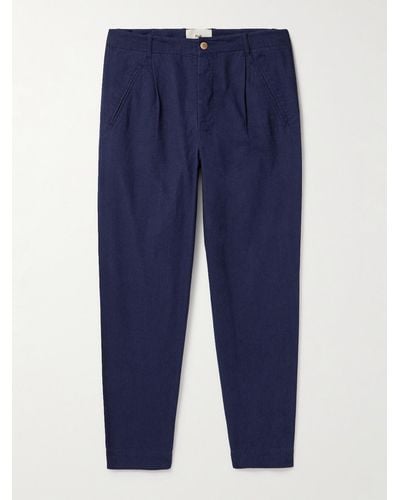 Folk Assembly Tapered Cropped Pleated Cotton Trousers - Blue