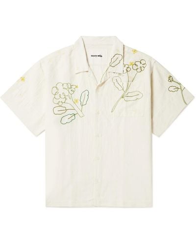STORY mfg. Greetings Embroidered Tie-dyed Cotton And Linen-blend Shirt - White