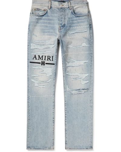 Amiri Straight-leg Logo-embroidered Distressed Jeans - Blue