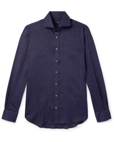 Thom Sweeney Cutaway-collar Linen-chambray Shirt - Blue