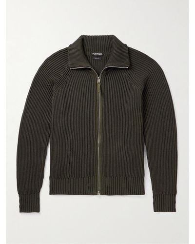 Tom Ford Slim-fit Ribbed Silk And Cotton-blend Zip-up Cardigan - Black
