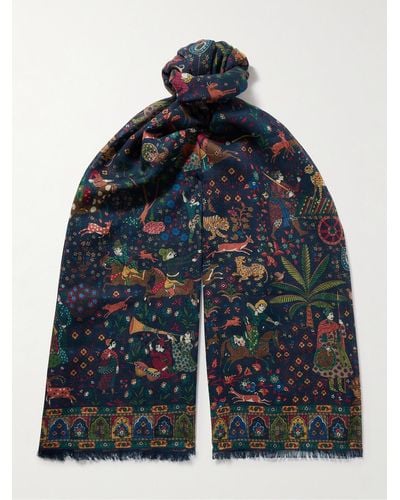 Drake's Mughal Hunter Frayed Printed Wool And Silk-blend Scarf - Blue