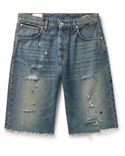 Rhude Straight-leg Paint-splattered Distressed Denim Shorts - Blue