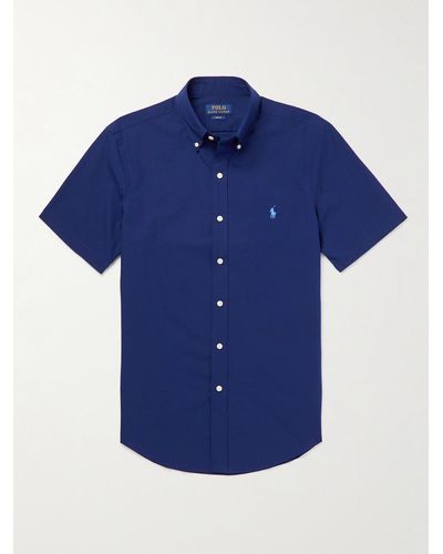 Polo Ralph Lauren Slim-Fit Button-Down Collar Logo-Embroidered Cotton-Blend Poplin Shirt - Blau