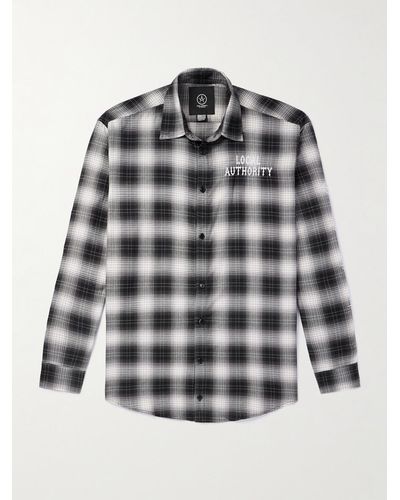 Local Authority Razor Wave Logo-embroidered Checked Cotton-flannel Shirt - Grey