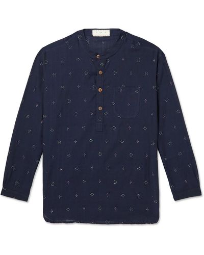 SMR Days Jondal Oversized Grandad-collar Embroidered Cotton Shirt - Blue