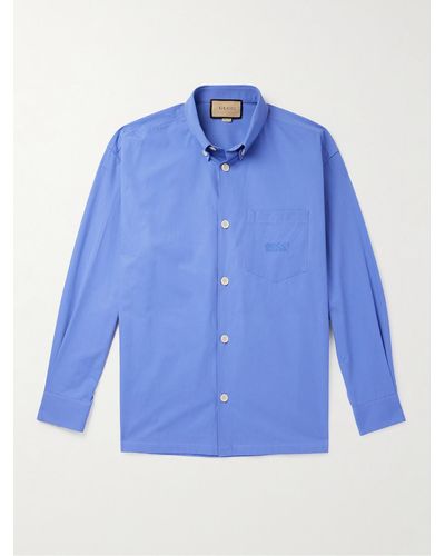 Gucci Hemd aus Baumwollpopeline mit Button-Down-Kragen und Logostickerei - Blau