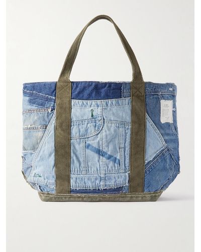 Greg Lauren Upcycled Canvas-trimmed Patchwork Denim Tote Bag - Blue
