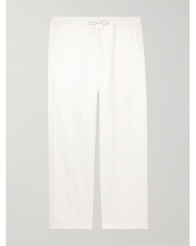 Universal Works Cropped Tapered Herringbone Cotton Drawstring Trousers - White