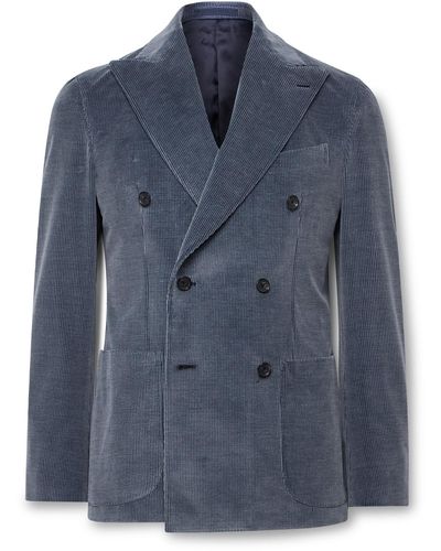 Caruso Unstructured Double-breasted Cotton-blend Corduroy Suit Jacket - Blue