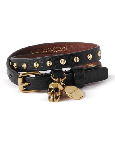 Alexander McQueen Full-grain Leather And Gold-tone Wrap Bracelet - Black